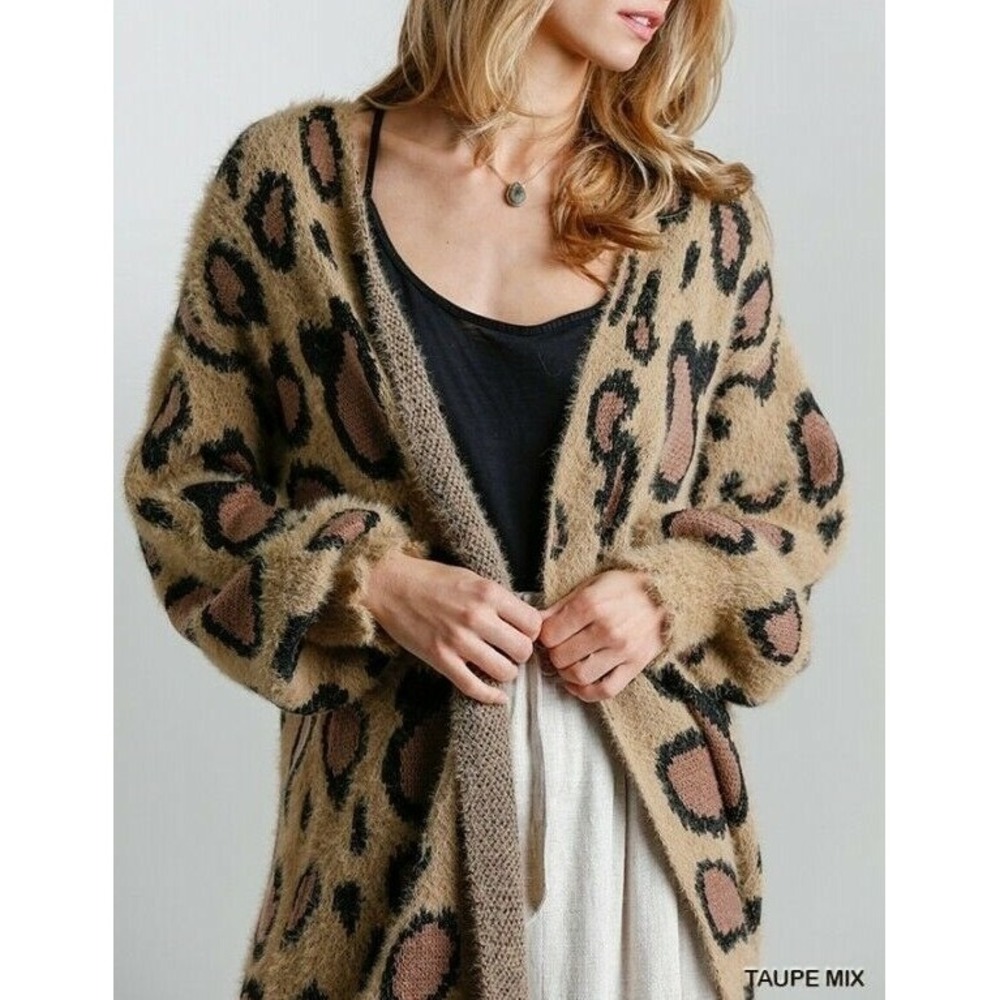 UMGEE USA‎ Leopard oversized Print Fuzzy Cardigan Sweater Women Taupe